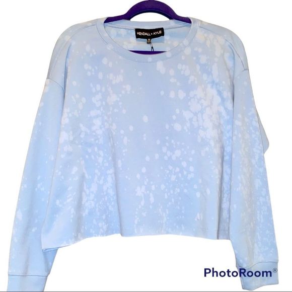 NWT Kendall & Kylie Blue Ice Cropped Tie Dye Bleach Splatter Sweatshirt - Picture 1 of 3